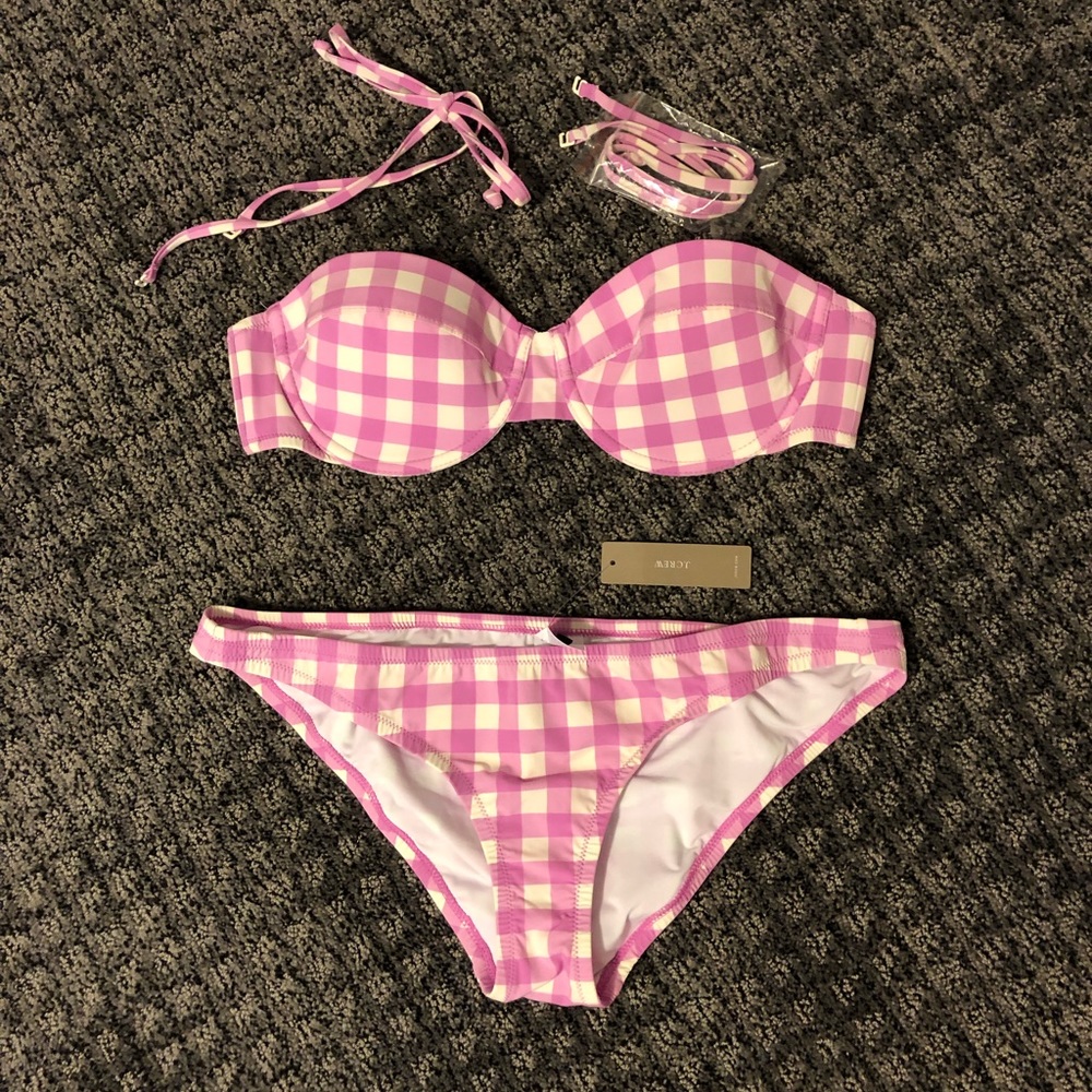 J. Crew Gingham Plaid Bandeau Bikini Lilac Peony M
